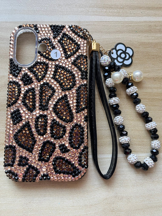 DIY  Fashionable Gold brown Leopard Print Rhinestone Phone Case with samle color series phone chain