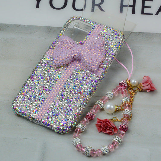 #002 DIY sit down  kawaii cat cute czech rhinestones phone case with phone chain silver and pink color